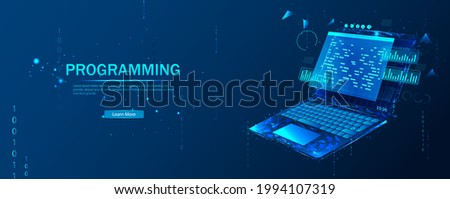 Software, web development, programming concept. Abstract programming language and program code on a laptop screen. Web development, coding, and programming. Polygonal style.
