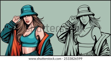 Stylish girl wearing a crop top with a green jacket and and bucket hat. Vector illustration of modern female fashion. Young woman in trendy outfit in colorful 