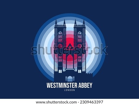 Vector illustration of Westminster Abbey. Illustration of famous statues and buildingsin moonlight, the color tone of the moonlight is based on the official flag of the country. Vector eps 10.
