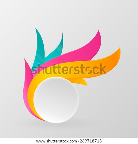 White banner decorated with color ribbons. Round banner isolated on gray background. Raster copy.