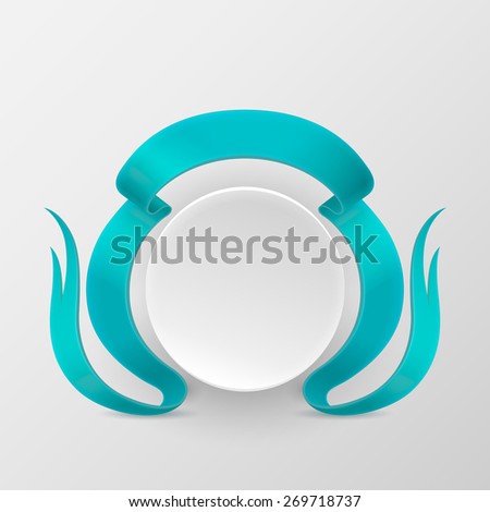 White banner decorated with turquoise ribbon. Round banner isolated on gray background. Raster copy.