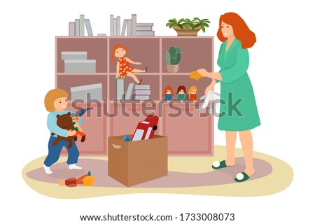 Mom and son are cleaning in the children's room. Family together do cleanliness. A babysitter wipes the dust in the closet. The child collects toys in a box. Vector in a flat style.