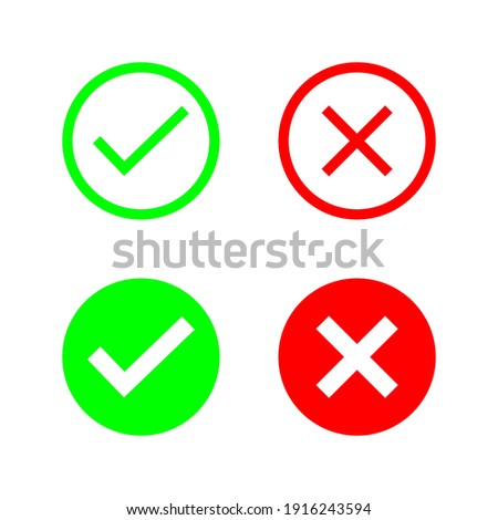 Check mark and cross or x icon in flat style on white background