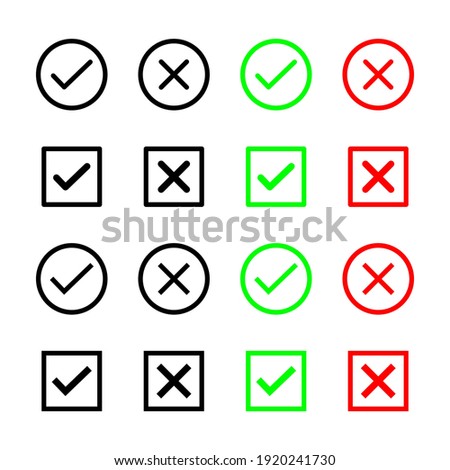 A colection of web button variants: green check mark and red cross. Many options, Vector icons.