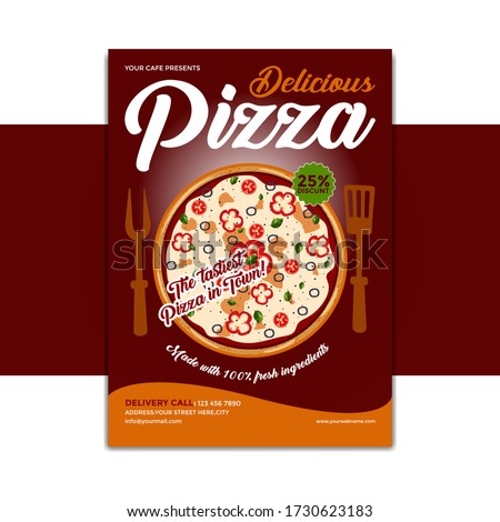 Pizza flyer template.Fast Food Flyer Design Template cooking, cafe and restaurant menu, food ordering, junk food. Pizza, Burger, French fries and Soda. Vector illustration for banner, poster, flyer.