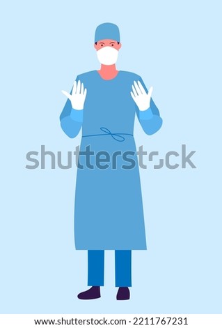Medical concept with male surgeon. Surgeon character in uniform, ready for the operation. Medical profession modern vector illustration.