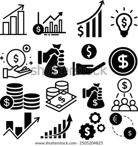 Increase icons set. set of 16 increase filled icons such as arrow up, graph, chart, chart on display, hand on graph, money up, coin
