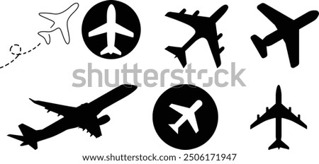 airplane civil collection vector, Flight aviation icons. Airplane black silhouettes in sky. Illustration of airplane flight, aviation and aircraft
