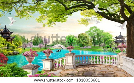 3D Beautiful lake and tower view from balcony wallpaper