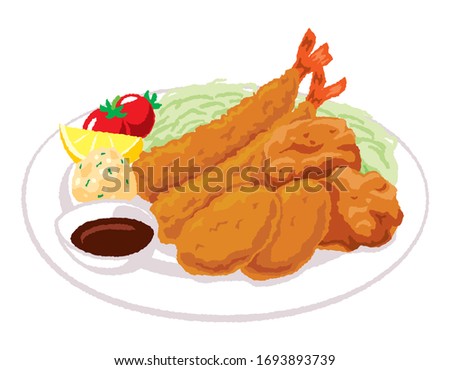 illustration of fried chicken and croquettes and fried shrimp