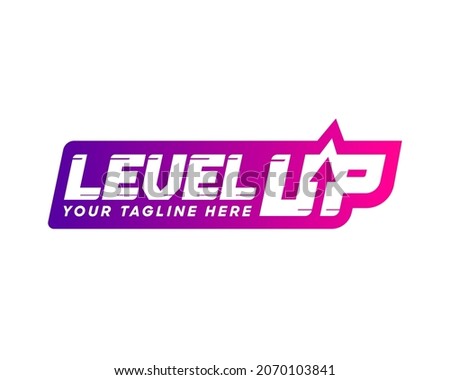Purple gradient level up logotype. Typography logo design. Creative negative space logo. Flat and minimal logo design. Gaming dynamic logo design. Stock fotó © 