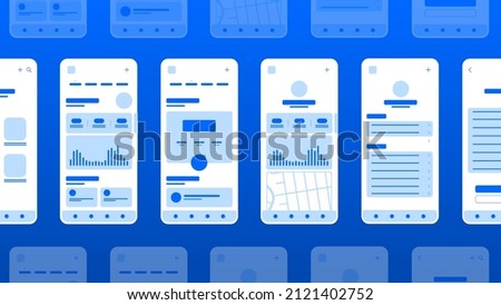 Set of UI UX Wireframes, GUI screens any app flat design template for mobile apps, responsive website application wireframes. Web design UI kit.