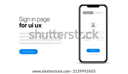 Log in screen. Mobile application interface, registration form with login and password fields. Website UI UX with buttons and network account sign. Vector web page mockup for smartphone.