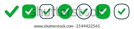 Checkmark and check icon. Approval check and true icon. Set quality sign, green tick. Approve line art vector color icon for apps and websites and ui ux.