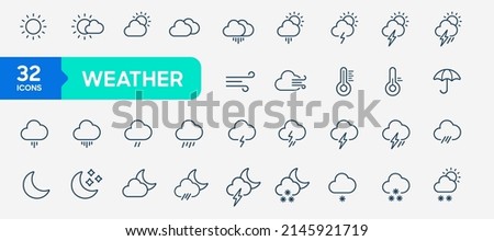 Weather icons pack in line style. Weather line icon set isolated. Clouds logo and sign, vector illustration. Weather forecast - outline web icon set, Simple Thin line icons collection.
