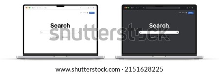 Latest web browser window white dark template. Realistic search engine browser window with toolbar. Sample frame design Internet page mockup. PC, laptop, tablet and smartphone empty web page mockup.