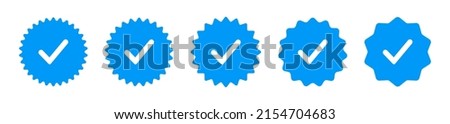 Badge check icon. Verify icon stamp. Blue flat star shape stickers. Verified badge profile set. Social media account verification icons . Isolated check mark. Guaranteed signs. Vector illustration.