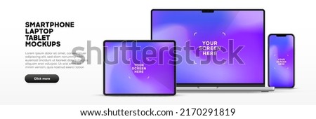 Modern laptop mockup front view and high quality smartphone and tablet mockup isolated on white background. Notebook mockup and phone device mockup for ui ux app and website presentation.Stock Vector.