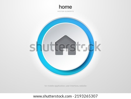 3d minimal modern home, homepage, base, main page, house push button icon emblem symbol, sign. 3d blue home icon. Mobile app icons. Device UI UX mockup. Isolated vector elements. 