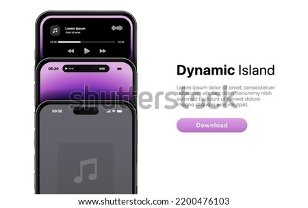Music player template with different show option on dynamic island. 3d realistic high quality smartphone mockup for mobile app, website, UI. Notification and navigation bar as dynamic island.