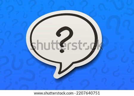 Question mark on paper speech bubble with blue question cartoon pattern background. Chatting messaging communication concept.