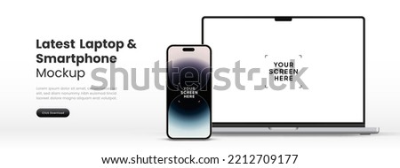 Modern latest laptop mockup front view and smartphone mockup high quality isolated on white background. Notebook mockup and phone device mockup for ui ux app and website presentation Stock Vector.