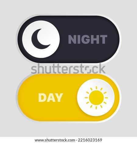 On and off toggle switch buttons. Light and Dark mode buttons. Day and night mode switch buttons for mobile app, web design, animation.