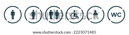 Set of toilet icons, toilet signs, WC signs. Black flat wc icon set. Male or female restroom wc. Stock vector.