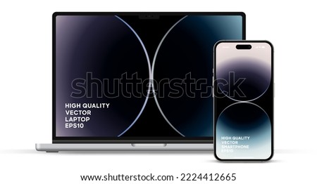 Modern laptop mockup front view and smartphone mockup high quality isolated on white background. Notebook mockup and phone device mockup for ui ux app and website presentation Stock Vector.