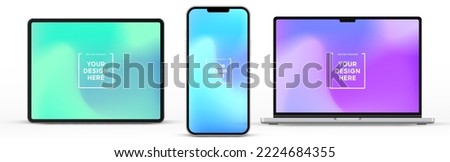 Modern laptop mockup front view and high quality smartphone and tablet mockup isolated on white background. Notebook mockup and phone device mockup for ui ux app and website presentation.Stock Vector.