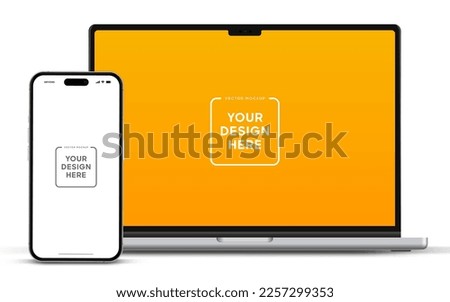 Modern laptop mockup front view and smartphone mockup high quality isolated on white background. Notebook mockup and phone device mockup for ui ux app and website presentation Stock Vector.