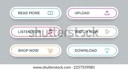 3d click here web buttons. Set of action button, hand cursor and arrow pointing click link buttons. Add to cart, shop now, download buttons. Online shopping icons for UI UX website, mobile app.