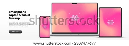 Modern laptop mockup front view and high quality smartphone and tablet mockup isolated on white background. Notebook mockup and phone device mockup for ui ux app and website presentation.Stock Vector.