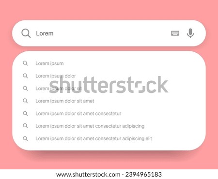 Search Bar with suggestions for UI UX design and web site. Search Address and navigation bar icon. Collection of search form templates for websites. Search engine web browser window template.