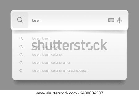 Search Bar with suggestions for UI UX design and web site. Search Address and navigation bar icon. Collection of search form templates for websites. Search engine web browser window template.