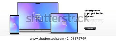 Modern laptop mockup front view and high quality smartphone and tablet mockup isolated on white background. Notebook mockup and phone device mockup for ui ux app and website presentation.Stock Vector.