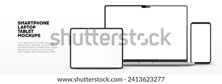 Modern laptop mockup front view and high quality smartphone and tablet mockup isolated on white background. Notebook mockup and phone device mockup for ui ux app and website presentation.Stock Vector.