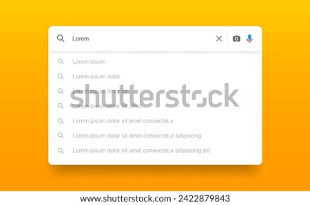 Search Bar with suggestions for UI UX design and web site. Search Address and navigation bar icon. Collection of search form templates for websites. Search engine web browser window template.