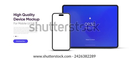 Modern tablet mockup front view and high quality smartphone and tablet mockup isolated on white background. Notebook mockup and phone device mockup for ui ux app and website presentation.Stock Vector.