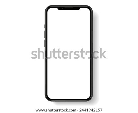 Realistic smartphone mockup. Mobile phone vector with isolated on white background. Device front view. 3D mobile phone with shadow. Realistic, high quality smart phone mockup for ui ux presentation.