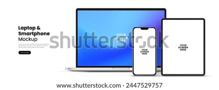 Modern laptop mockup front view and high quality smartphone and tablet mockup isolated on white background. Notebook mockup and phone device mockup for ui ux app and website presentation.Stock Vector.