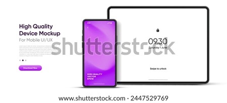 Modern tablet mockup front view and high quality smartphone and tablet mockup isolated on white background. Notebook mockup and phone device mockup for ui ux app and website presentation.Stock Vector.