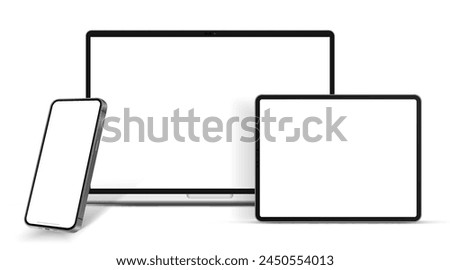 Modern laptop mockup front view and high quality smartphone and tablet mockup isolated on white background. Notebook mockup and phone device mockup for ui ux app and website presentation.Stock Vector.