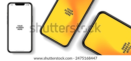 Realistic smartphone mockup. Mobile phone vector with isolated on white background. Device front view. 3D mobile phone with shadow. Realistic, high quality smart phone mockup for ui ux presentation.