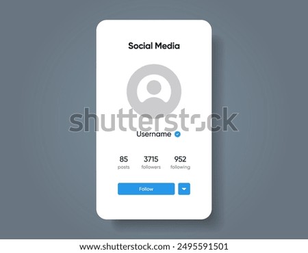 Social media preview page template. Internet profile information page. Follow button. Social media photo mockup, template.