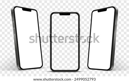 Realistic smartphone mockup. Mobile phone vector with isolated on white background. Device front view. 3D mobile phone with shadow. Realistic, high quality smart phone mockup for ui ux presentation.