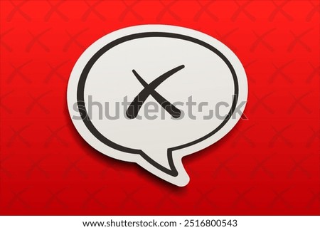 3D hand draw realistic wrong check mark sign in speech bubble on a red background. No or incorrect check mark. Disapprove or wrong choice. Cross icon.