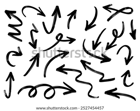 Hand drawn arrows collection Set simple flat arrows isolated on white background. Arrow mark icons and arrow paint. Stock vector. EPS10.