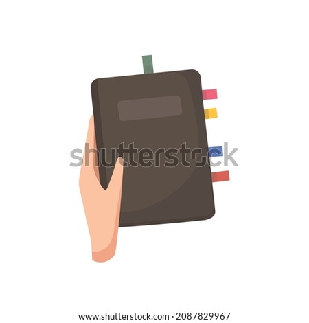 Notepad in hand with nested bookmarks. Keeping a diary, wish list. Cartoon vector illustration.