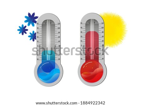 Vector illustration of 2 thermometers both C and F, cold and hot with the sun and snowflakes. 